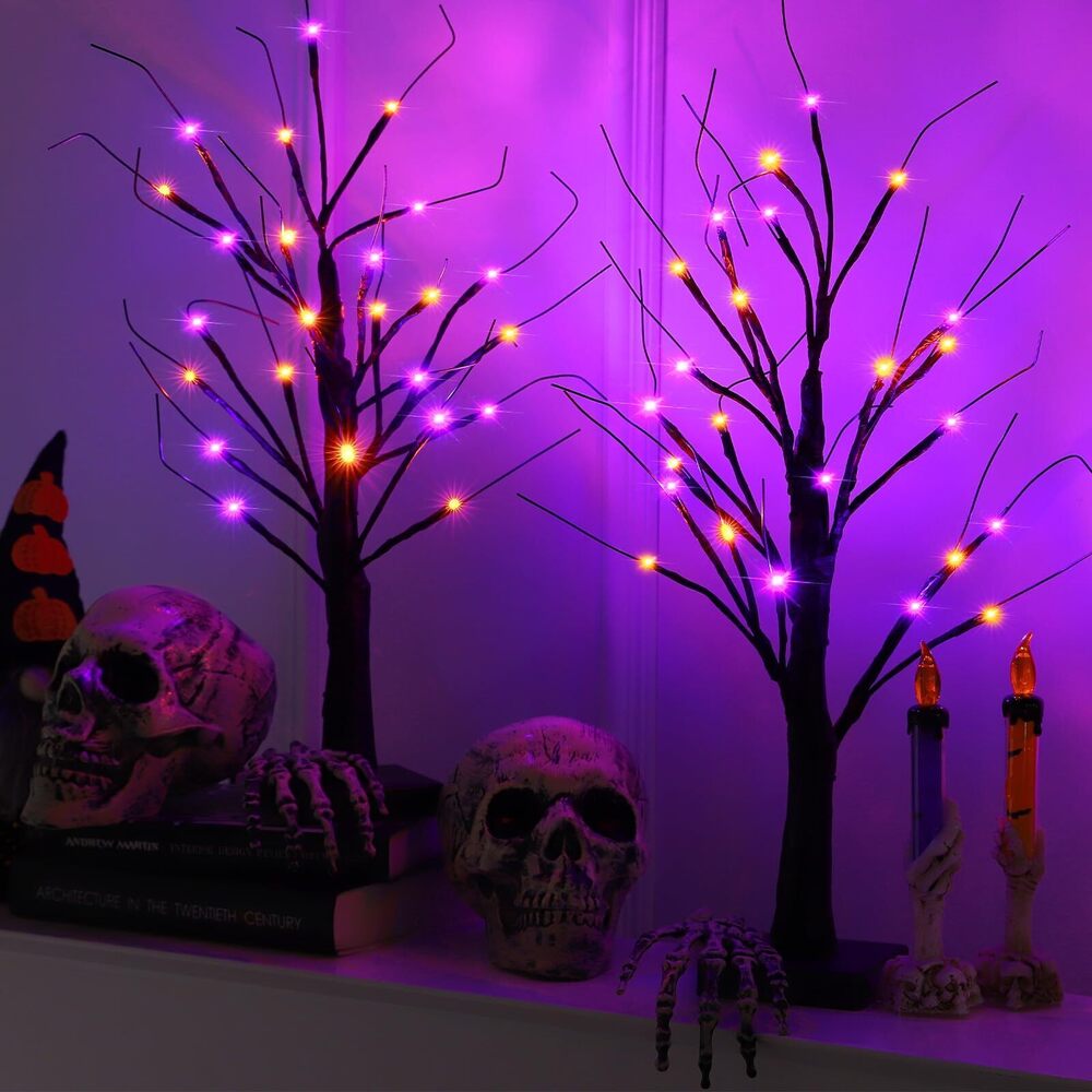 2519 2 Pack 24 Inch Halloween Black Spooky Tree with Orange & Purple